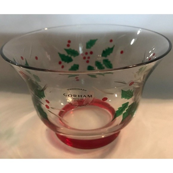 Gorham "FESTIVE HOLLY" 5" Crystal Candy Dish Hand-painted And Hand-cut - Picture 8 of 9